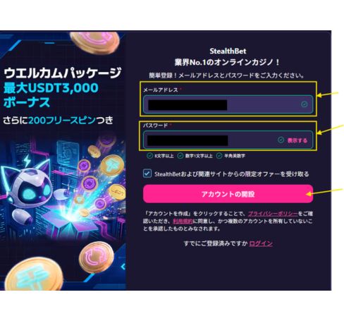 ステルスベットカジノの登録手順・アカウント開設画面